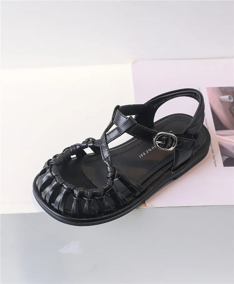 2025 New Summer Children Sandals Leather Cut-out Kids Sandals Soft Sole Non-slip Beach Shoes Fashion Girls Sandals 26-37