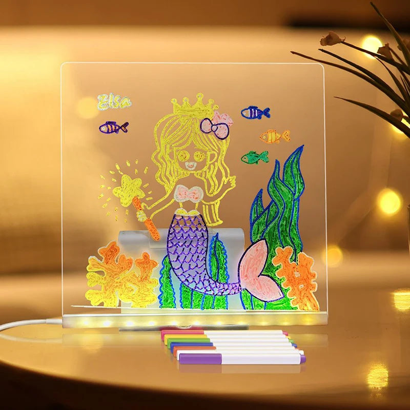 LED Acrylic Drawing Board for Kids – Glow Erasable Writing & Doodle Board with Stand, Reusable Memo Board, DIY Creative Toy, 7 Color Marker Pens