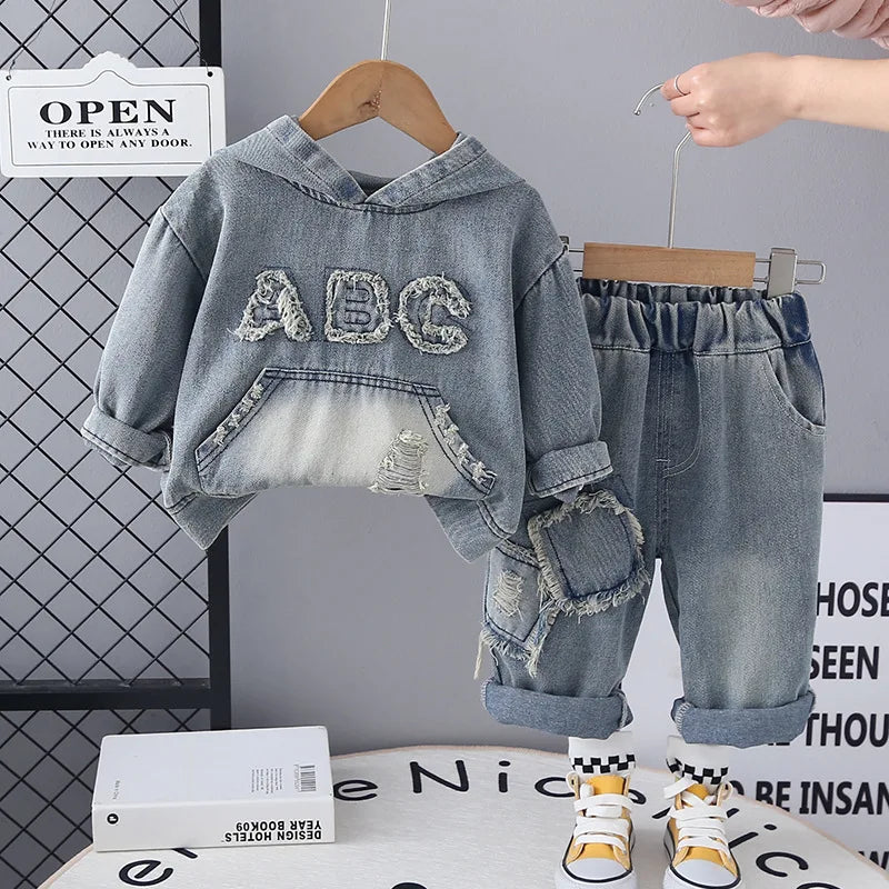 2025 Spring Autumn Children's Clothing Sets Baby Boys Girls Casual Hooded Letter Denim Sweatshirt+Jeans 2pcs Suit Kids Tracksuit