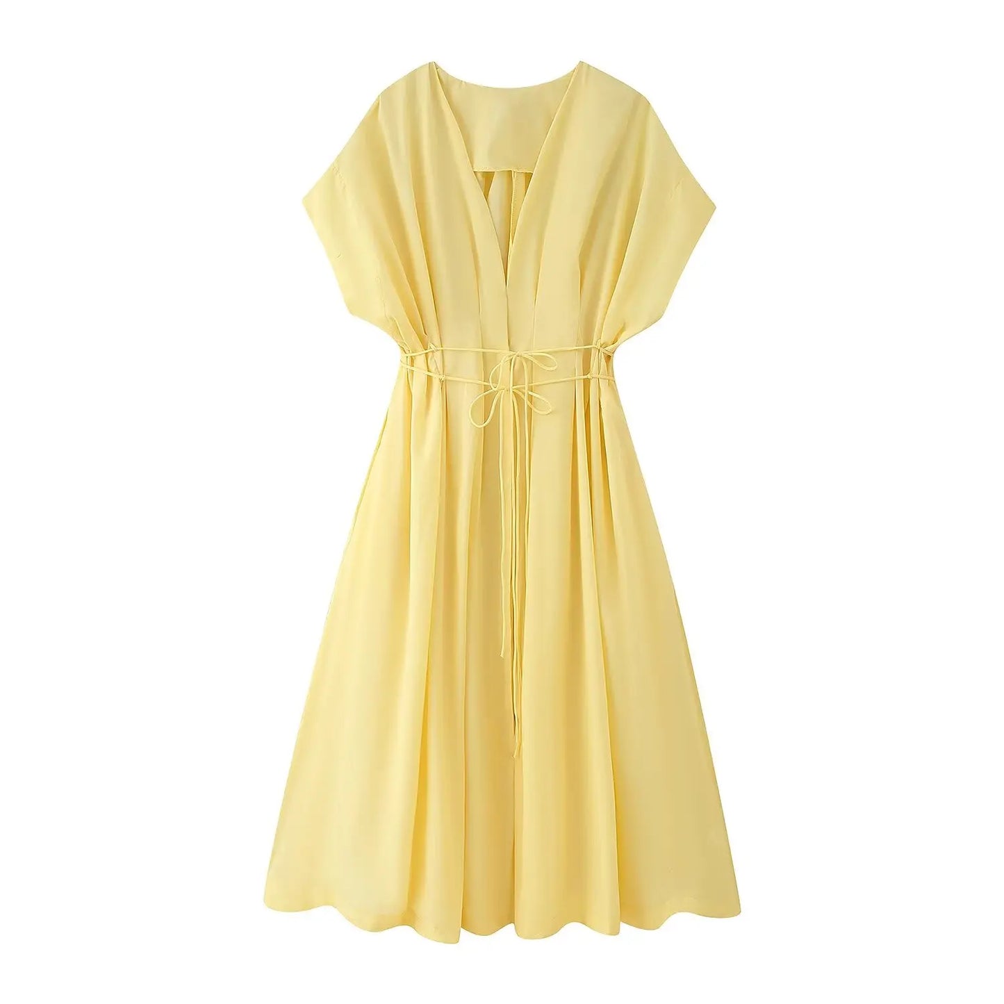Women's Elegant V-Neck Long Dress – Short Sleeve Lace-Up Bow Waist Casual Dress
