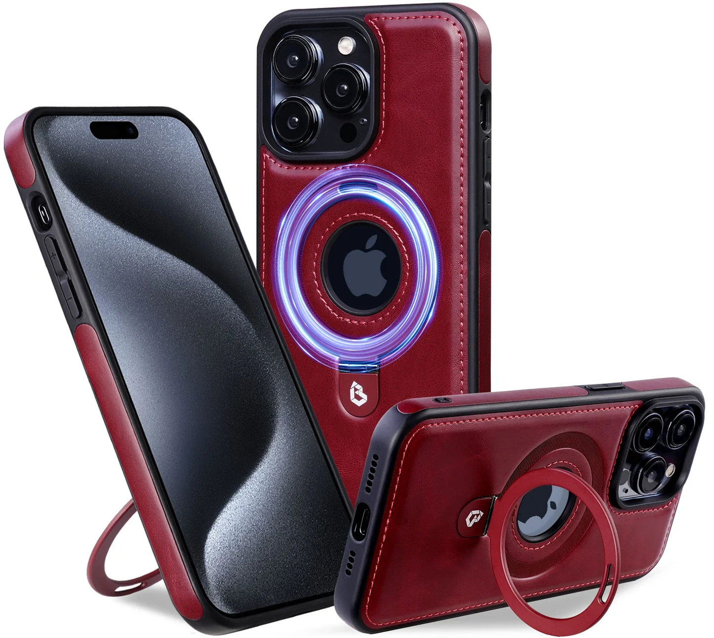 Leather Magnetic Ring Stand Phone Case for iPhone 12–16 Series – MagSafe Compatible, Shockproof, Supports Wireless Charging