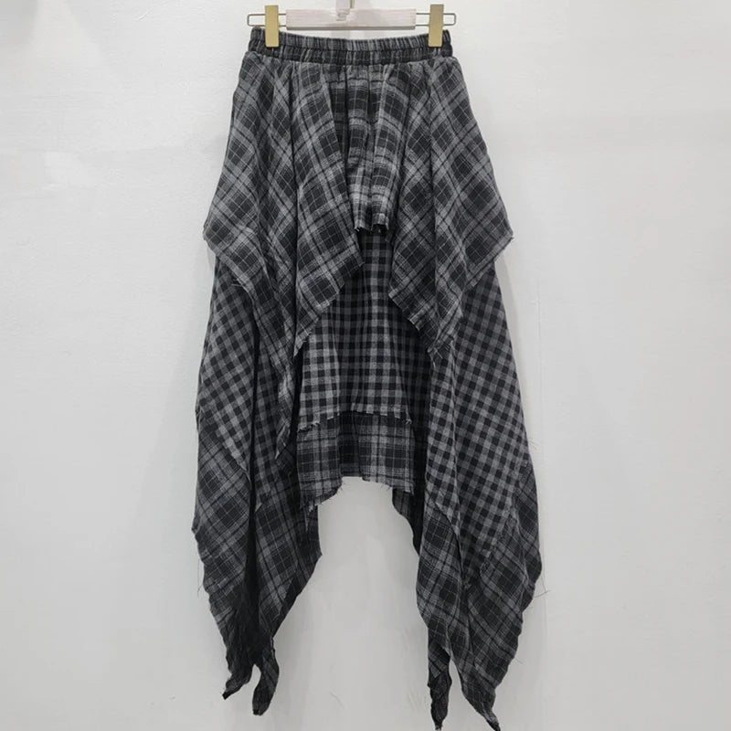 Irregular Plaid Patchwork Pleated A-Line Midi Skirt