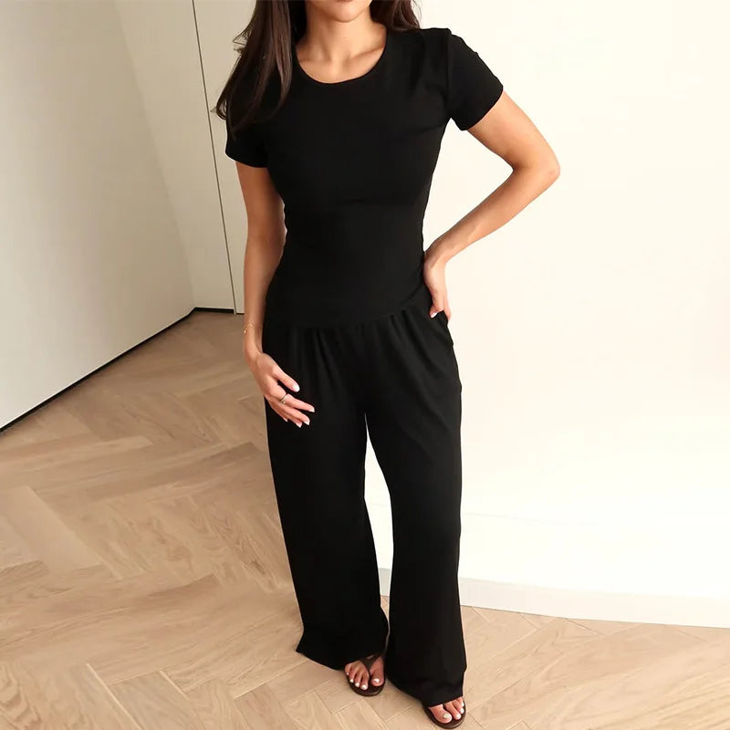 Women’s Casual Two-Piece Set – Slim O-Neck Short Sleeve T-Shirt & Elastic Waist Long Pants, Summer & Autumn Solid Outfits