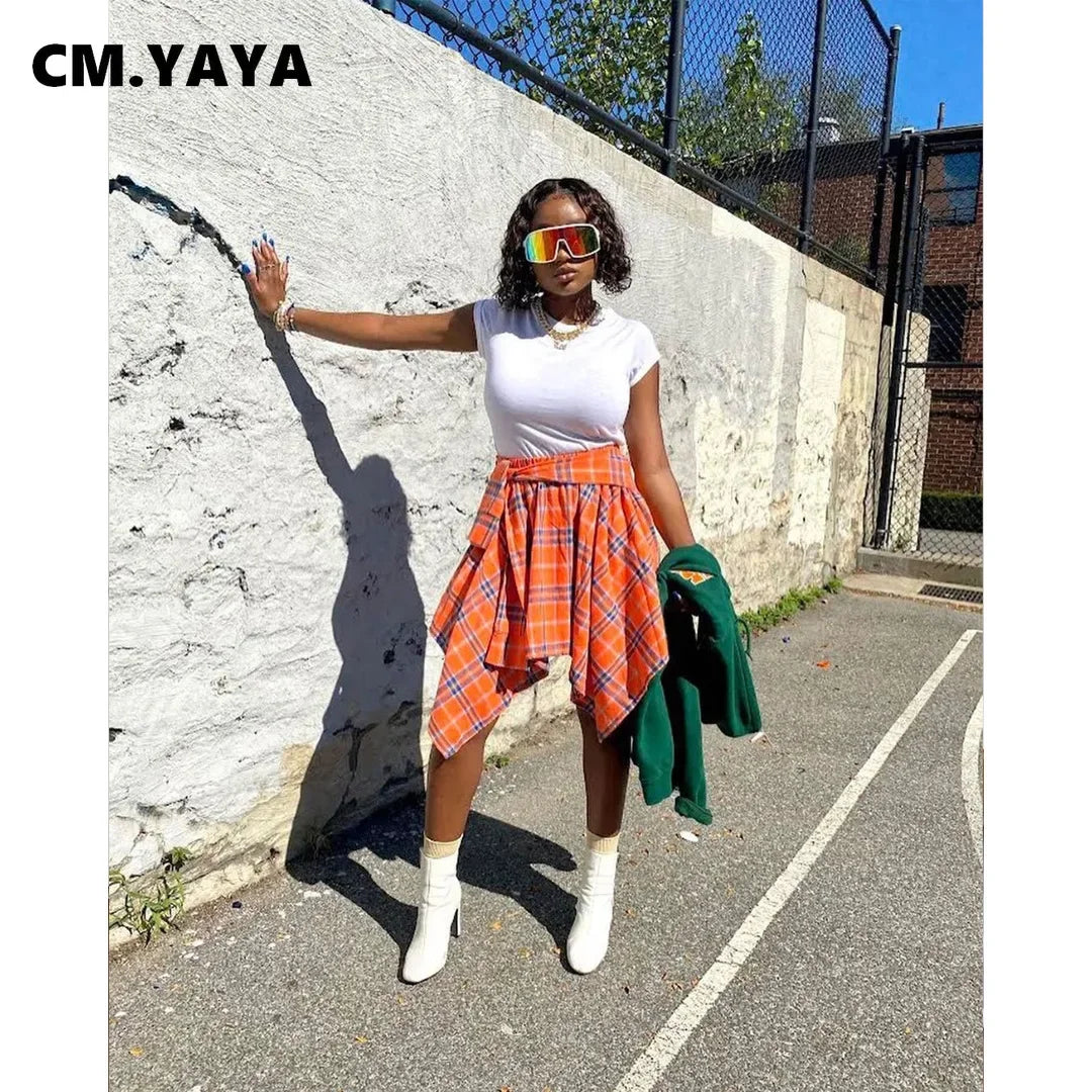 Women Plaid Irregular High Waist Knee-Length Skirt