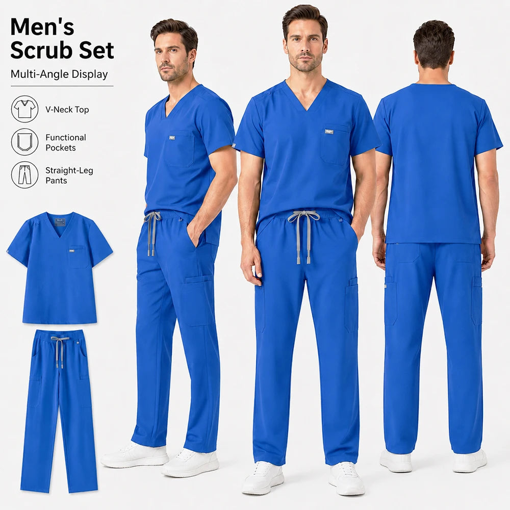 Men's Medical Scrubs Set – Short Sleeve V-Neck Top & Pants