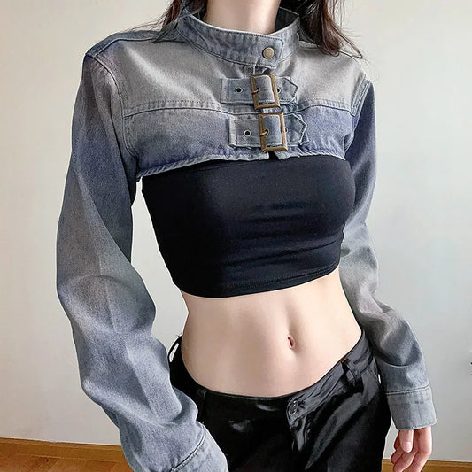 Denim Y2K Aesthetic Cropped Coat – Vintage Harajuku Fashion Women’s Streetwear Jacket