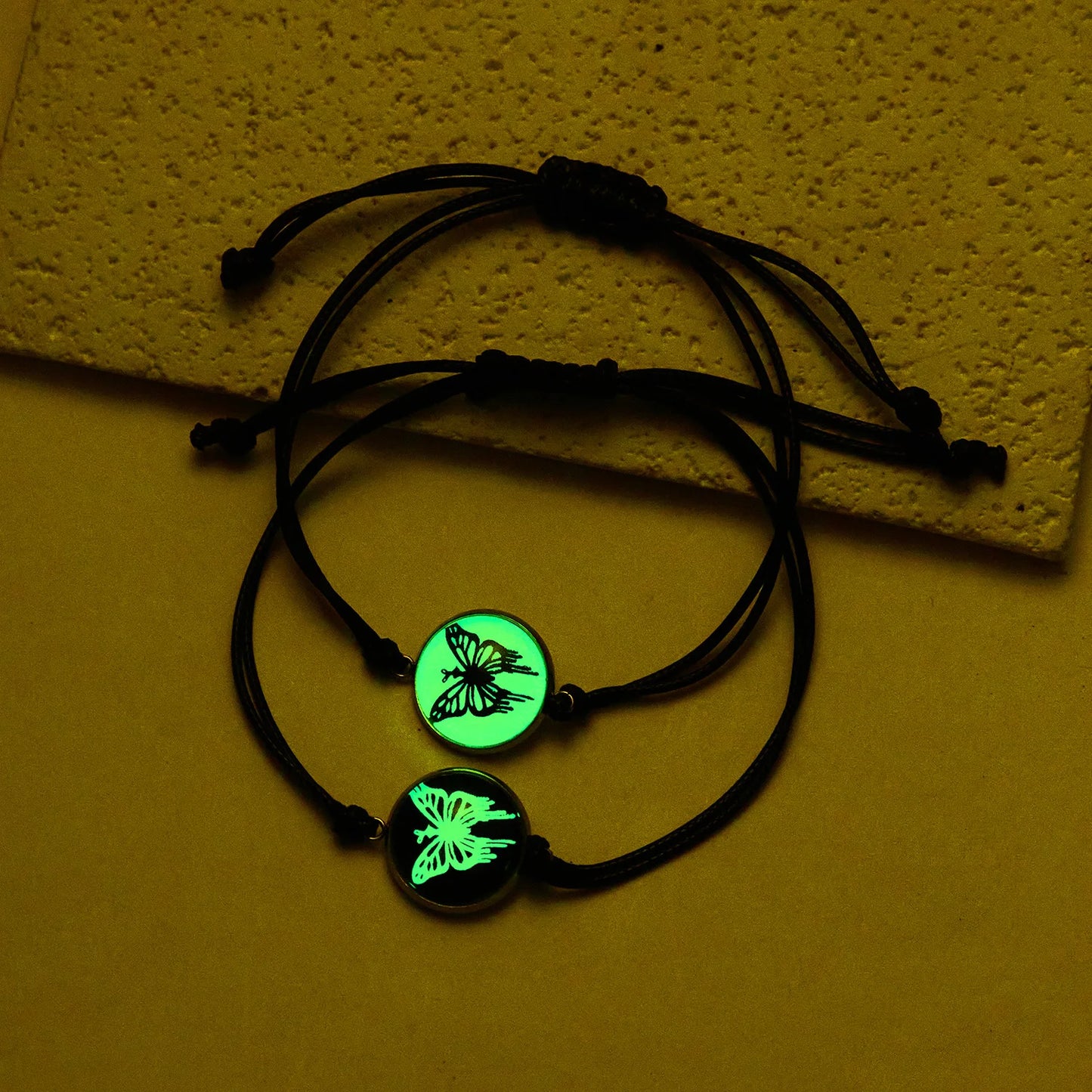 Adjustable Glow-in-the-Dark Rope Bracelet – Butterfly, Sun & Moon Luminous Jewelry for Couples and Friends