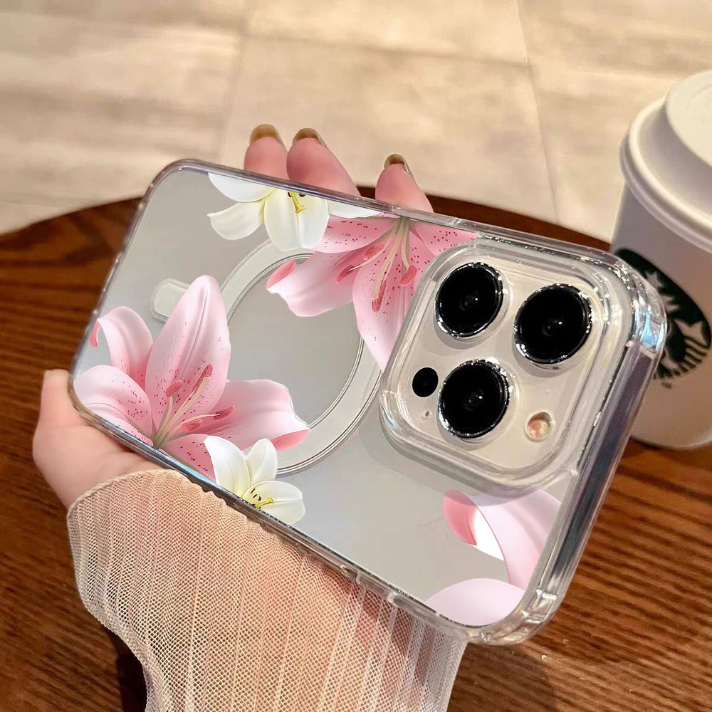 Pink Lily Cherry Blossom Magnetic Clear Phone Case for iPhone
