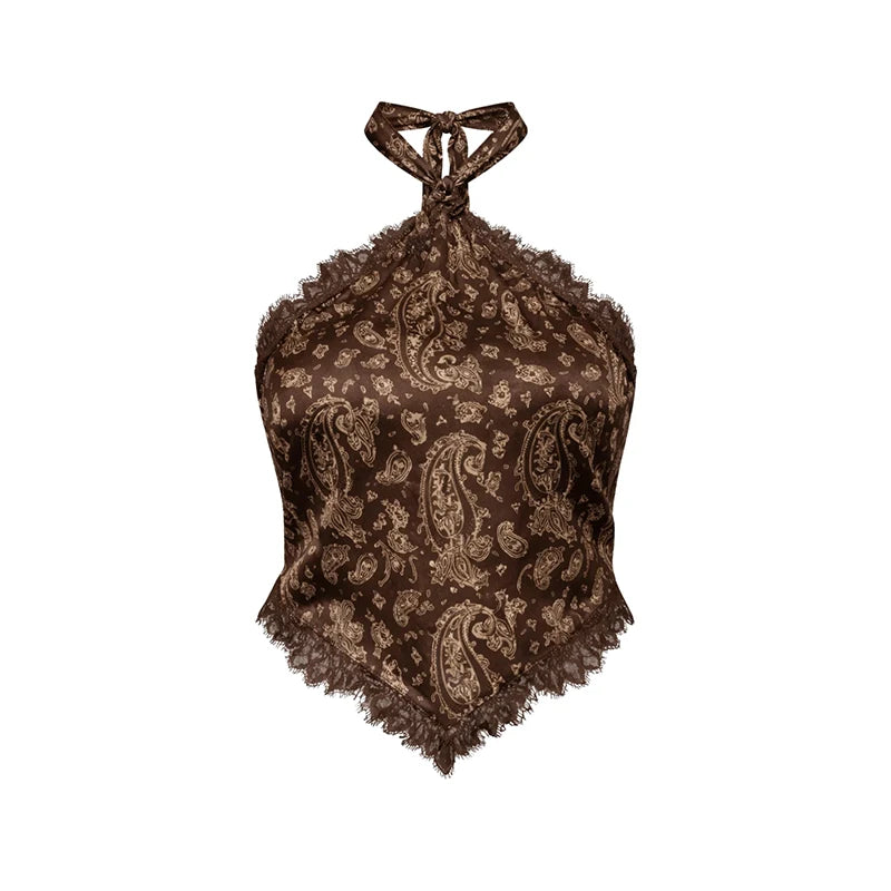 Women's Paisley Print Lace Trim Halter Neck Set, Sleeveless Beach Style
