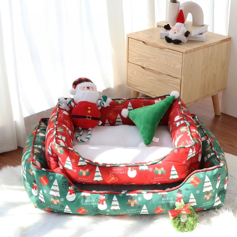Christmas Cat and Small Dog Bed with Raised Bolster Sides and Soft Sleeping Cushion, Festive Indoor Pet Nest