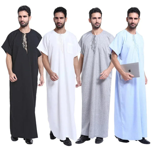Arab Traditional Kaftan Abaya Islam Men Short Sleeve Robes Dress O-Neck Muslim Arabic Turkey Jubbe Thobe Saudi  Dubai Eid Ramadan Jalabiya
