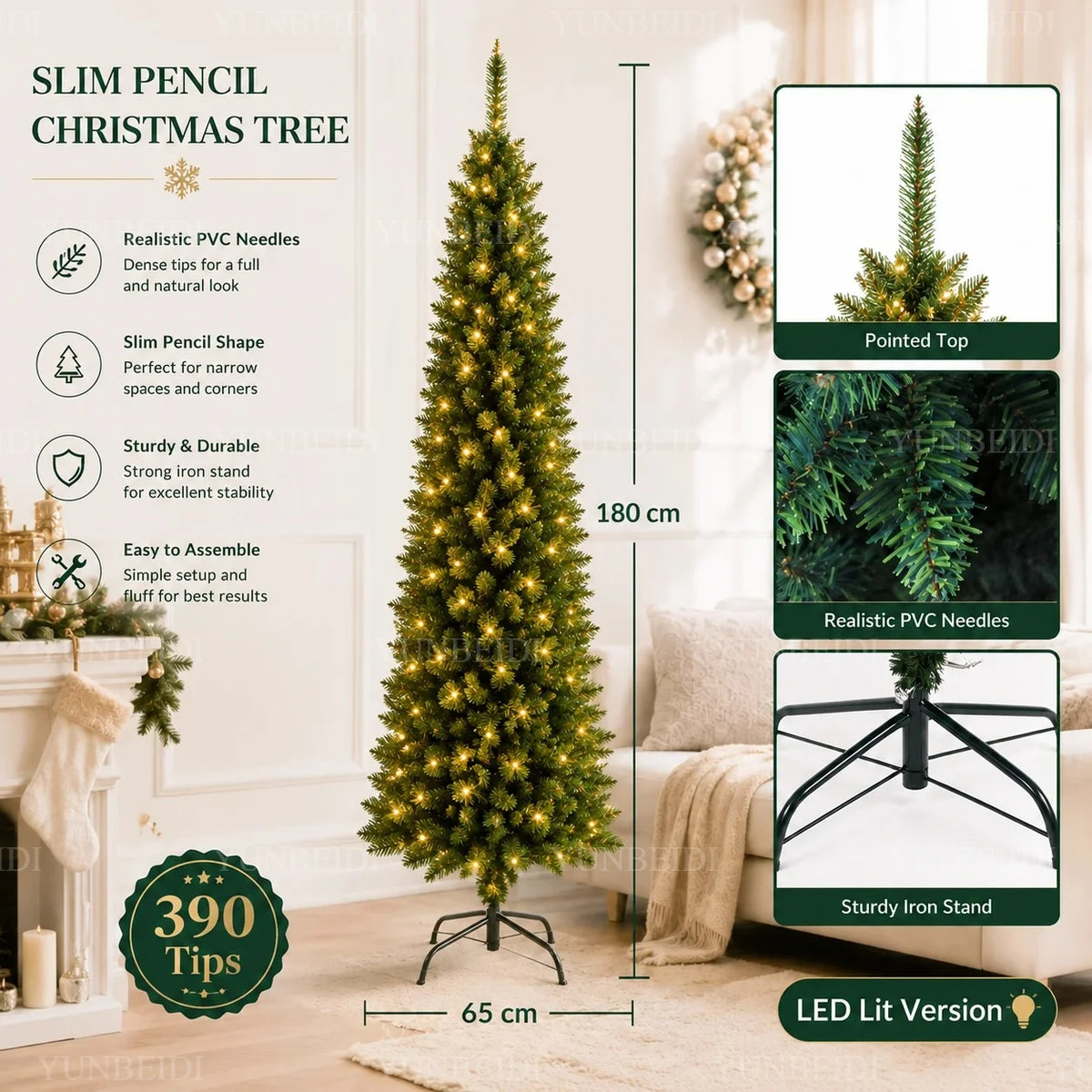 Slim Pencil Artificial Christmas Tree with Metal Stand, 120–210 cm Green PVC Tree with Optional Warm White USB Lights
