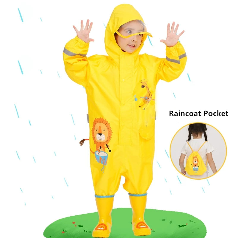 Children's Waterproof Rainwear Set – One-Piece Hooded Jumpsuit for Boys & Girls | Cartoon Dinosaur Design