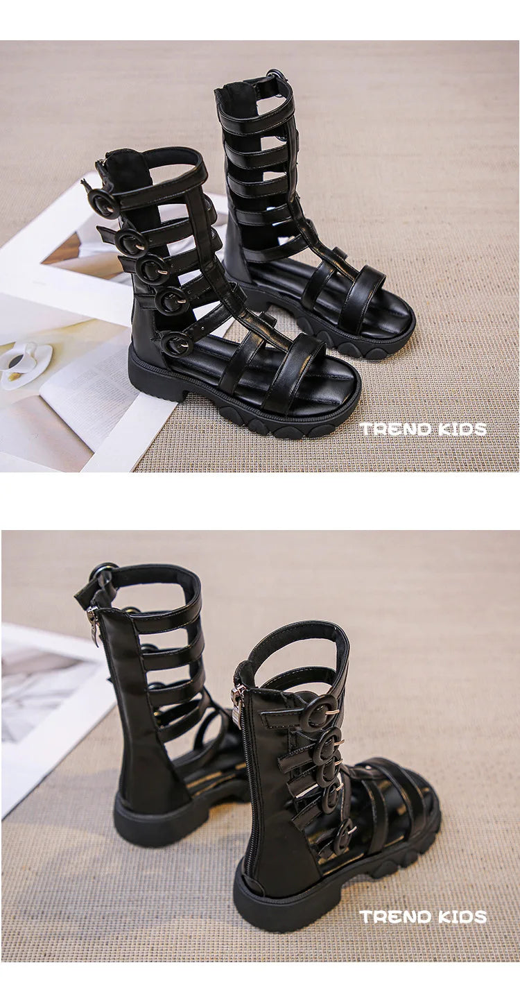 Girls' High-Top Roman Sandals – Soft Sole Summer Shoes for Children | Cut-Out Design, Buckle & Zipper | Princess Beach Sandals