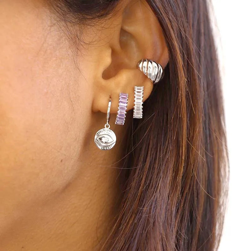 925 Sterling Silver Multi-Turn Hoop Earrings with White Zircon, Fashion Punk Jewelry for Women