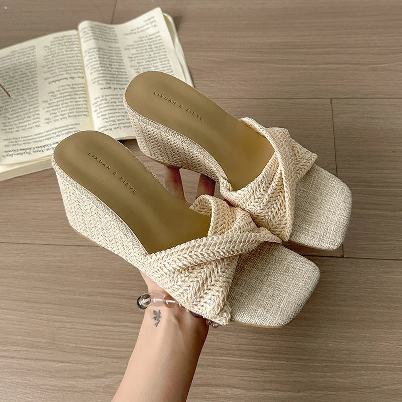 Women’s Designer Weave Wedge Slides – Open Toe Height Increase Summer Sandals, Fashion Outdoor Slip-On Dress Shoes
