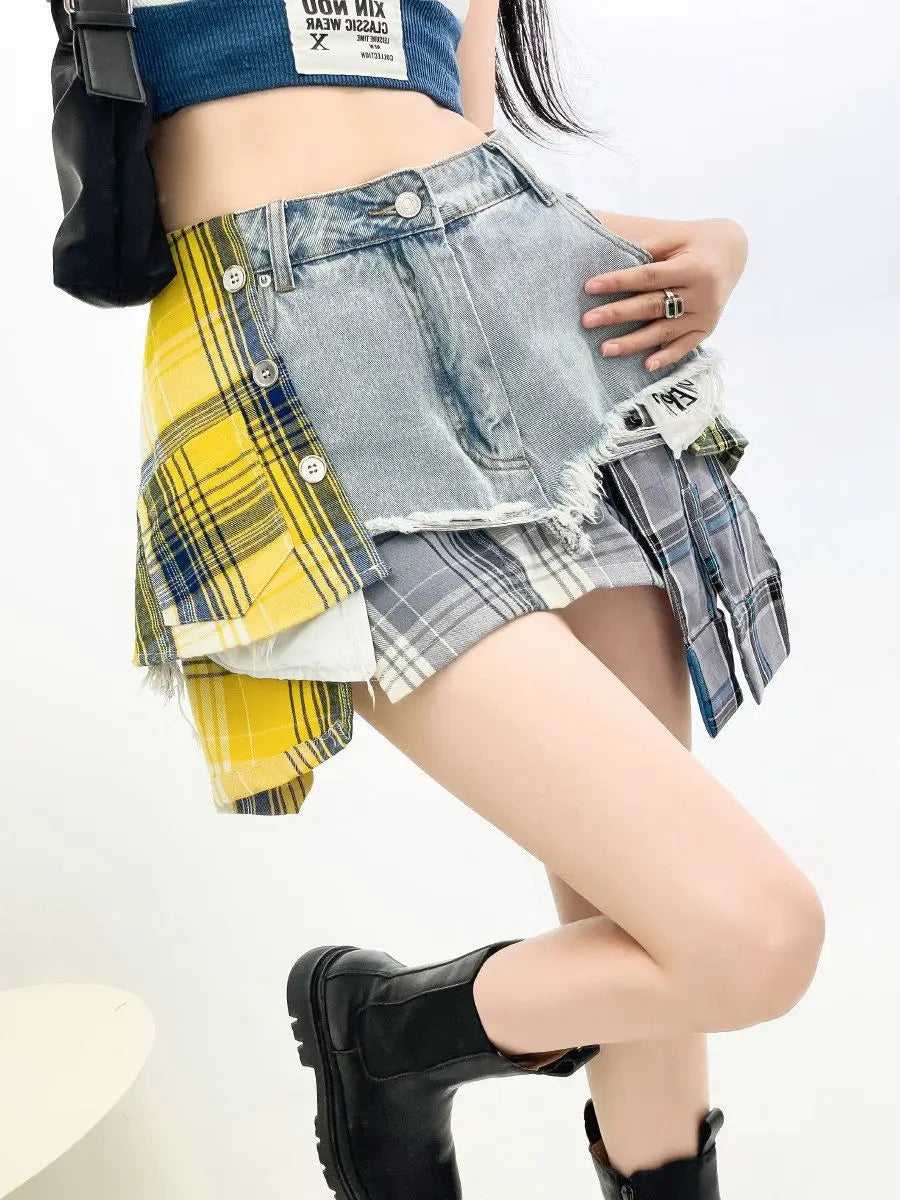 Vintage Plaid Denim Splicing Asymmetrical A-Line Mini Skirt