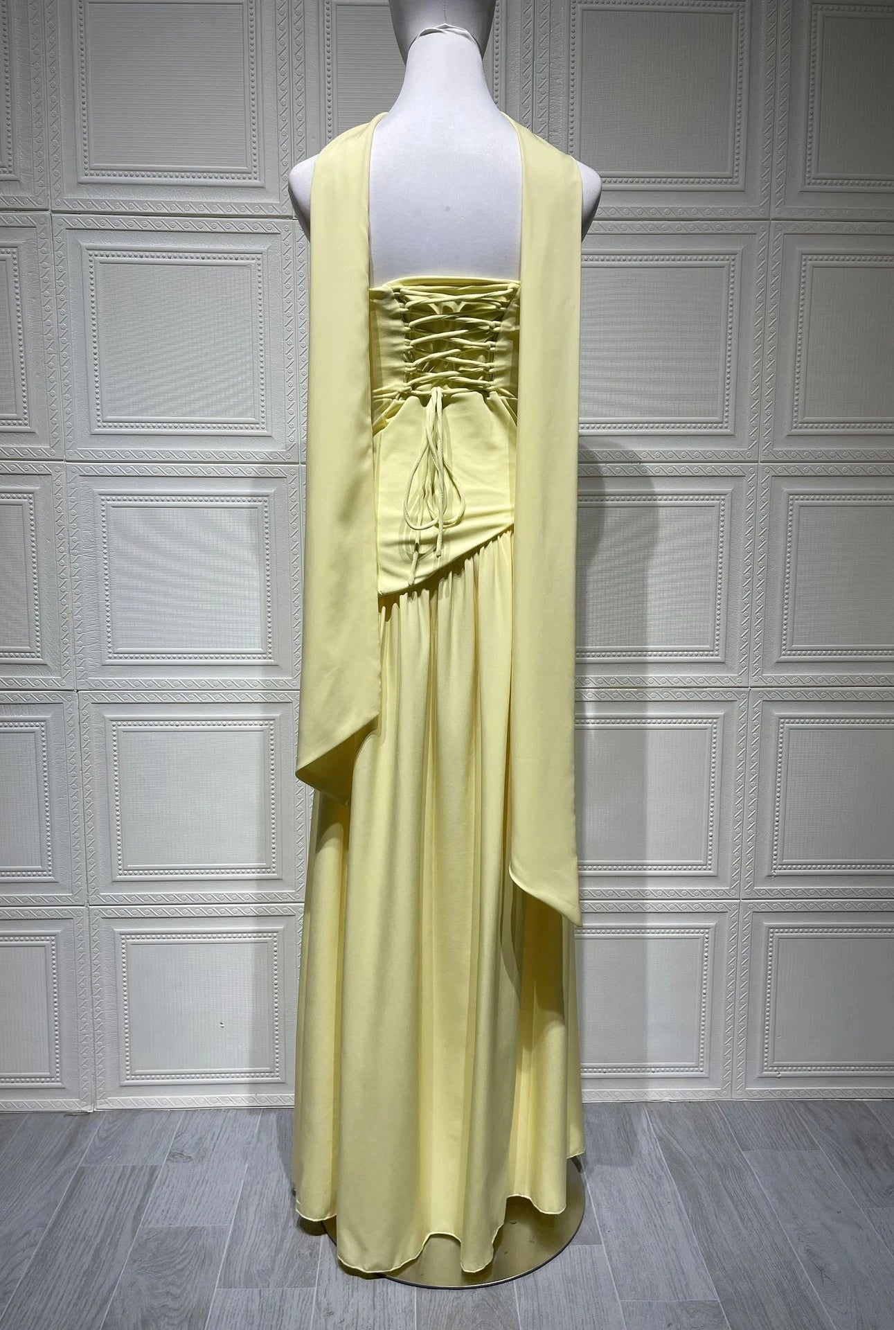 Elegant Pleated Long Dress for Women – Off-Shoulder, Scarf Neck, High Slit | Party & Evening Gown