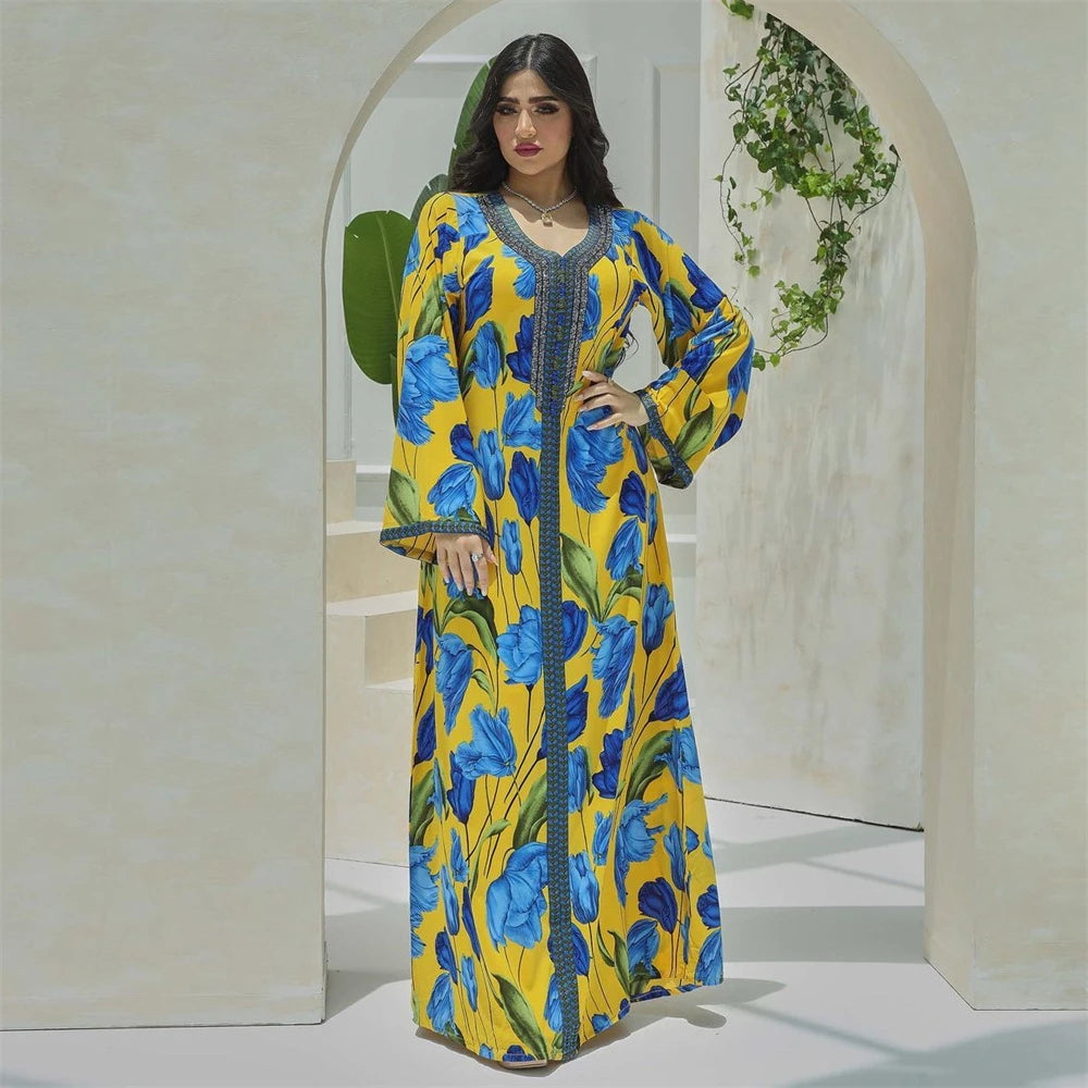 Elegant Ethnic Print Abaya Maxi Dress for Women – Muslim Jalabiya Modest Kaftan for Spring & Autumn