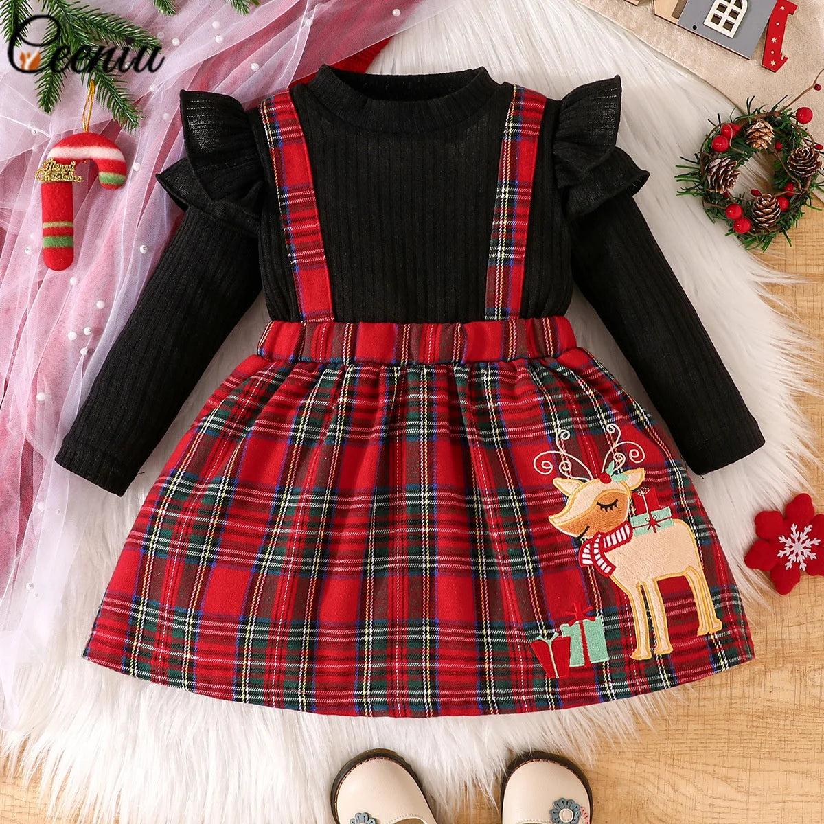 Baby Girl New Year Dress – Green Christmas Tree Print Outfit, “My First New Year” Costume for Newborns & Toddlers