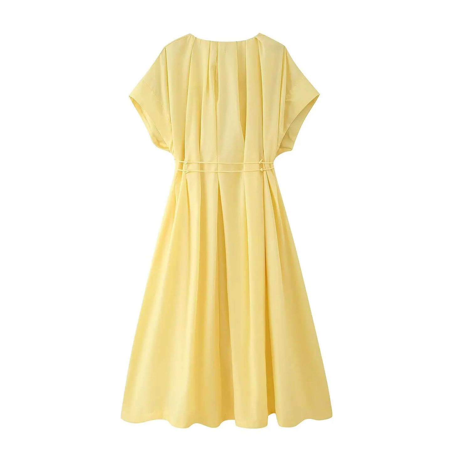 Women's Elegant V-Neck Long Dress – Short Sleeve Lace-Up Bow Waist Casual Dress