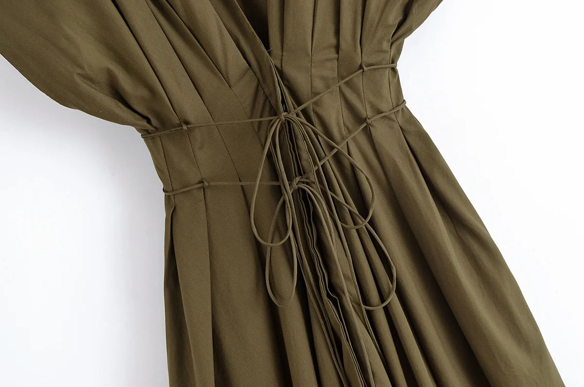 Women's Elegant V-Neck Long Dress – Short Sleeve Lace-Up Bow Waist Casual Dress