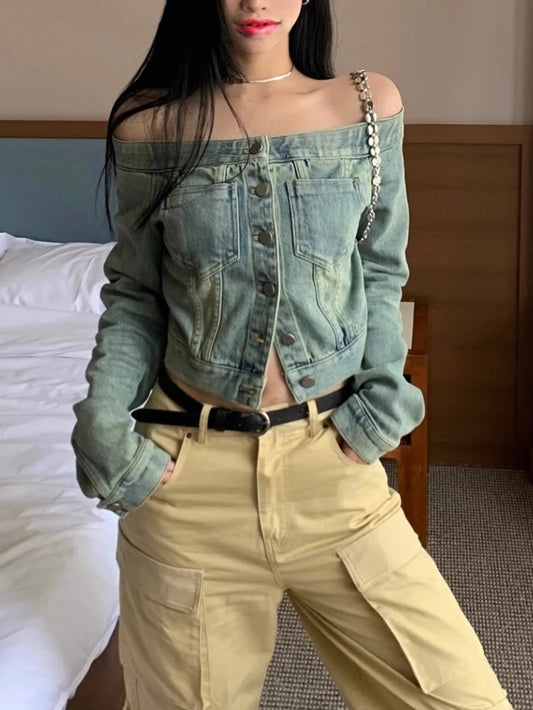 Korean Fashion Off-Shoulder Cropped Denim Jacket – Vintage Button-Up Long Sleeve Jean Shirt for Women