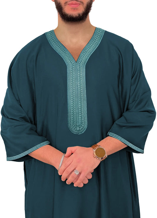 2025 Men's Moroccan Embroidered Green Robe Muslim thobe with Side Pockets, Islamic Clothing, short sleeves Robe Ramadan Eid Jalabiya