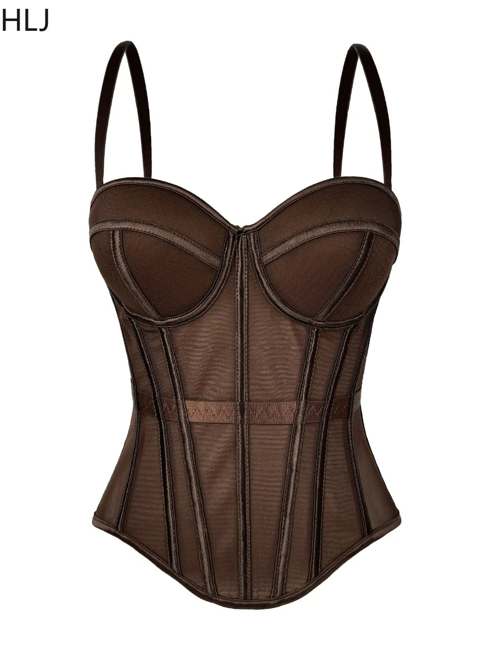 Y2K Retro Brown 2-Piece Mesh Bustier Top and Plaid Skirt Set