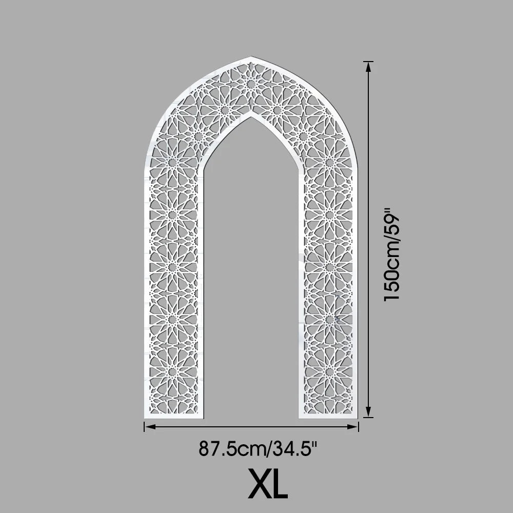 Islamic Arch Mirror Wall Sticker – Gold Acrylic 3D Mosque Frame Decal with Geometric Pattern for Ramadan & Eid Decor