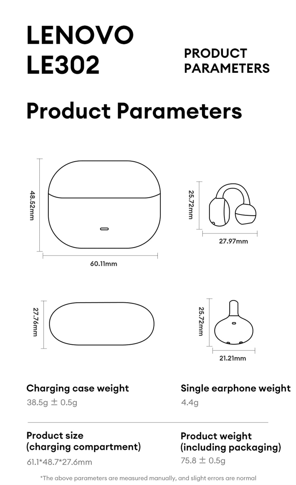 Lenovo LE302 Wireless Bluetooth 6.0 Clip-On Earbuds with HiFi Stereo Sound and Long Battery Life