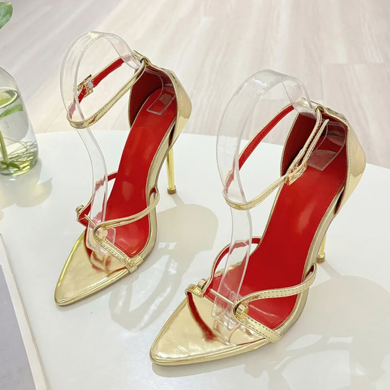 Women's Fashion Ankle Strap Heels – Open Toe Stiletto Sandals with Metal Detail | Party & Clubwear