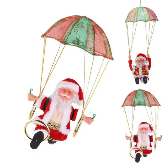 Battery-Operated Musical Santa Claus Parachute Ornament with Animated Flipping Motion, Hanging Indoor Christmas Decoration