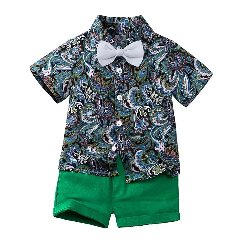 Baby Boys Floral Shirt & Shorts Set with Bowtie, Summer Gentleman Outfit for Infants and Kids