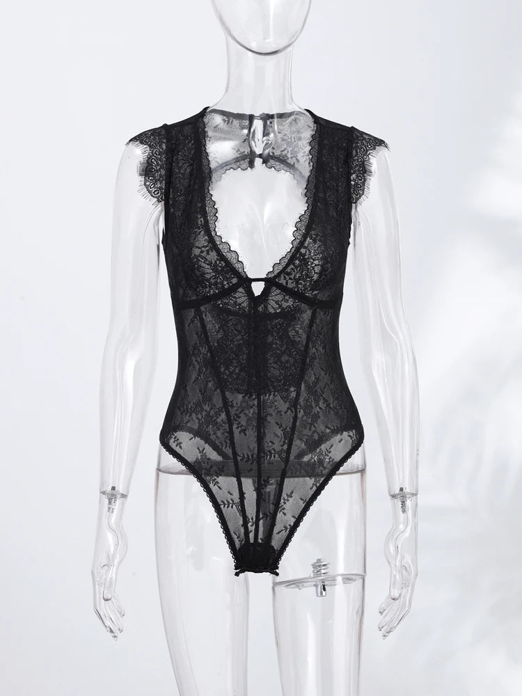Women's Lace Trim Bodysuit – Sleeveless, Deep V-Neck, Sheer Mesh