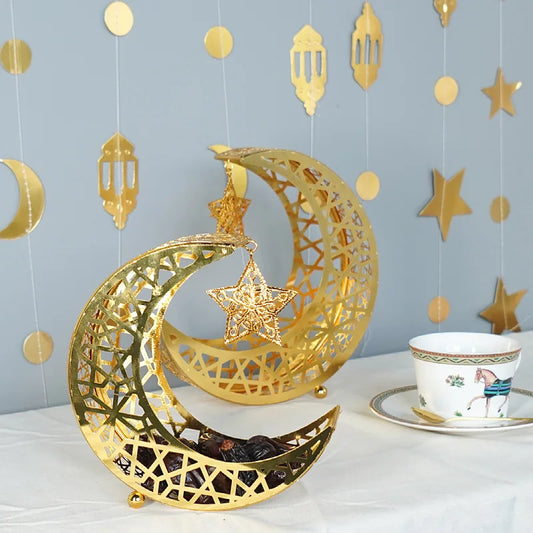 Golden Moon Star Candy Dessert Tray Islamic Festival Ornament Eid Mubarak Iron Plate 2025 Ramadan Home Party Decorations