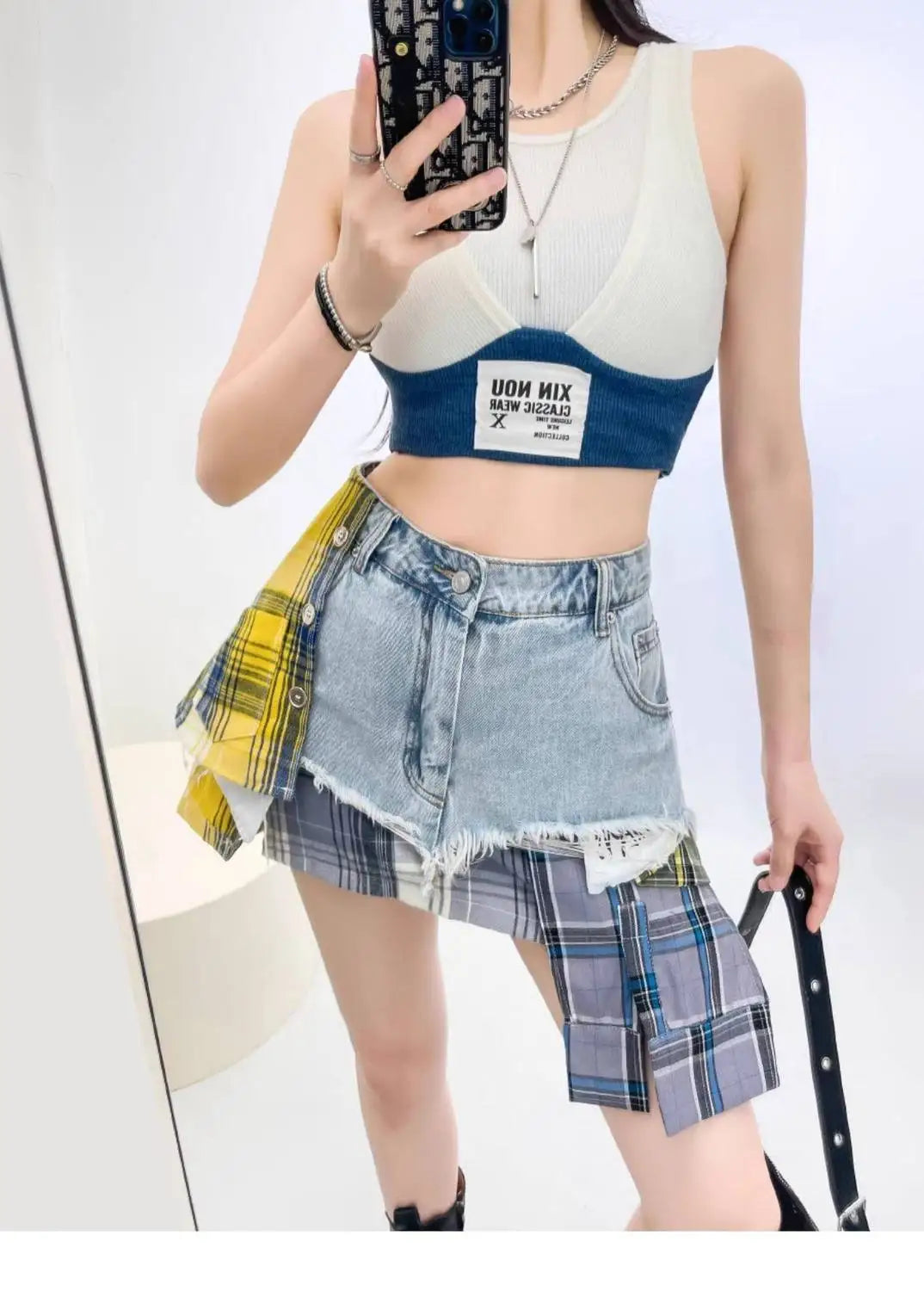 Vintage Plaid Denim Splicing Asymmetrical A-Line Mini Skirt