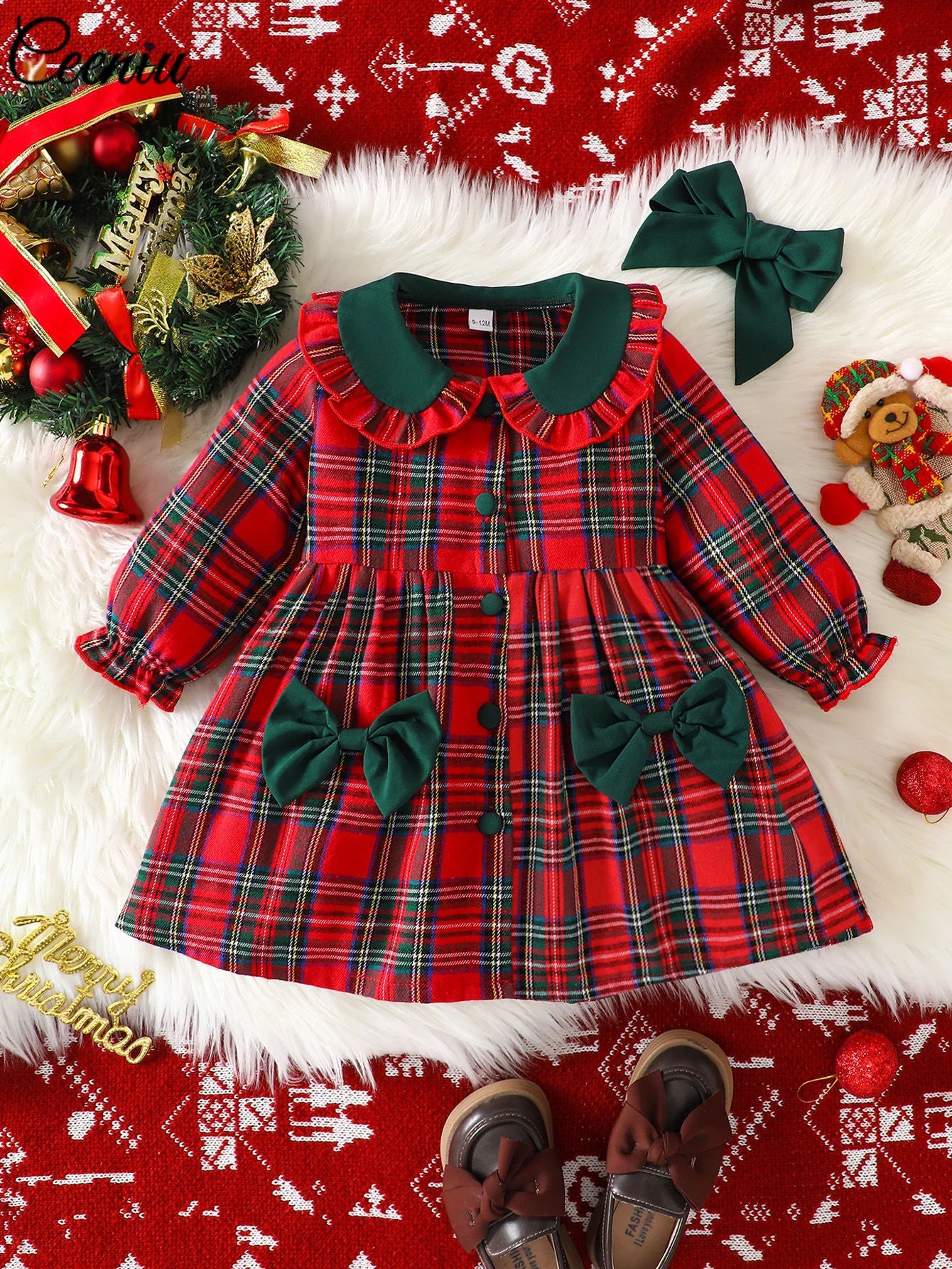 Baby Girl New Year Dress – Green Christmas Tree Print Outfit, “My First New Year” Costume for Newborns & Toddlers