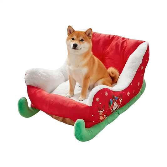Christmas Sleigh-Shaped Cat and Dog Bed with Soft Plush Lining and Raised Sides, Festive Indoor Pet Sleeping Nest