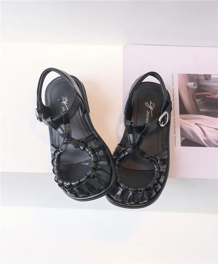 2025 New Summer Children Sandals Leather Cut-out Kids Sandals Soft Sole Non-slip Beach Shoes Fashion Girls Sandals 26-37