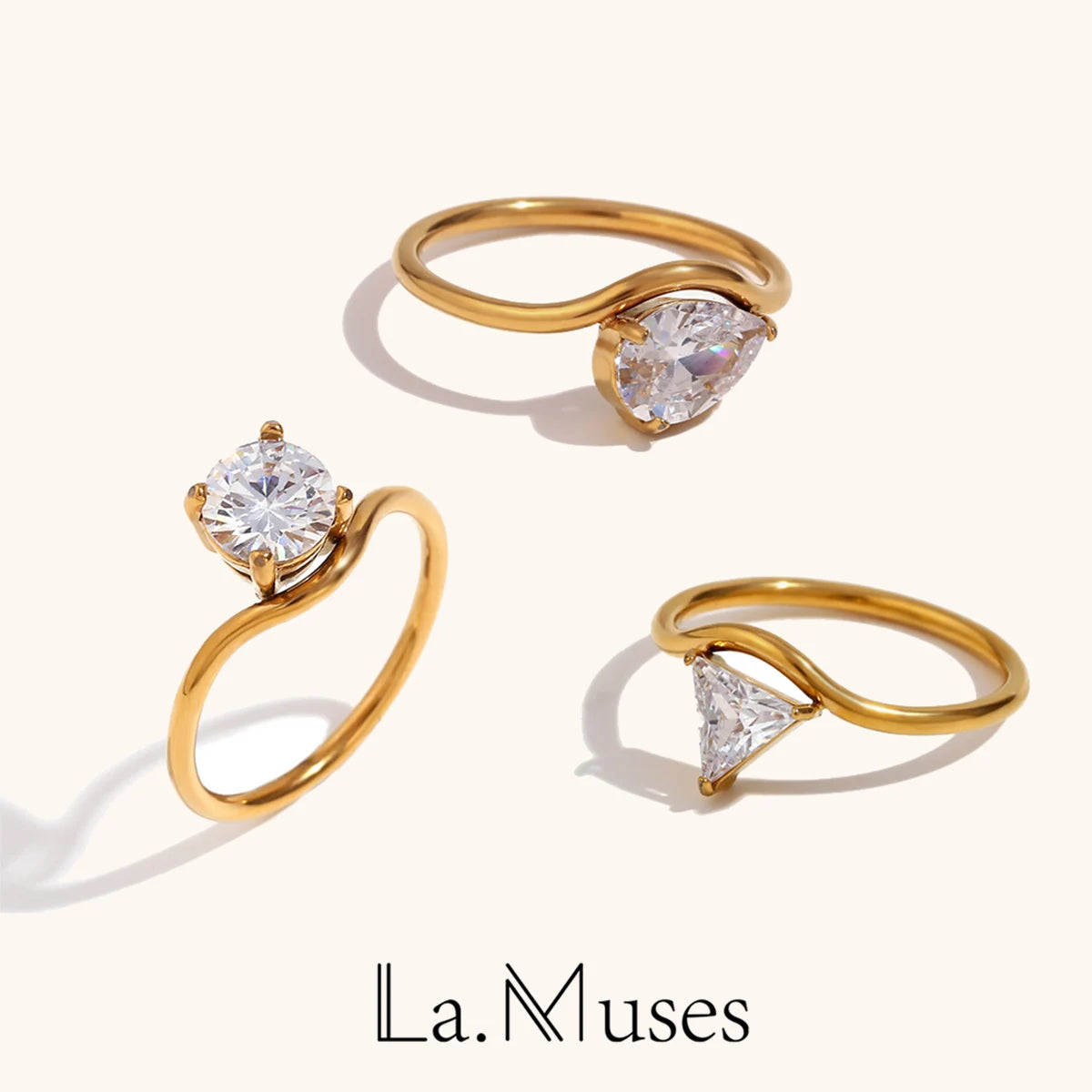Luxury Water Drop Cubic Zirconia Stainless Steel Ring – 18K Gold Plated