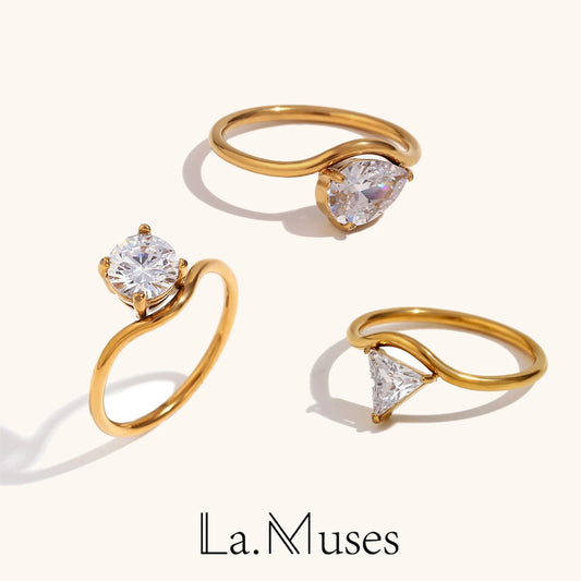 Luxury Water Drop Cubic Zirconia Stainless Steel Ring – 18K Gold Plated