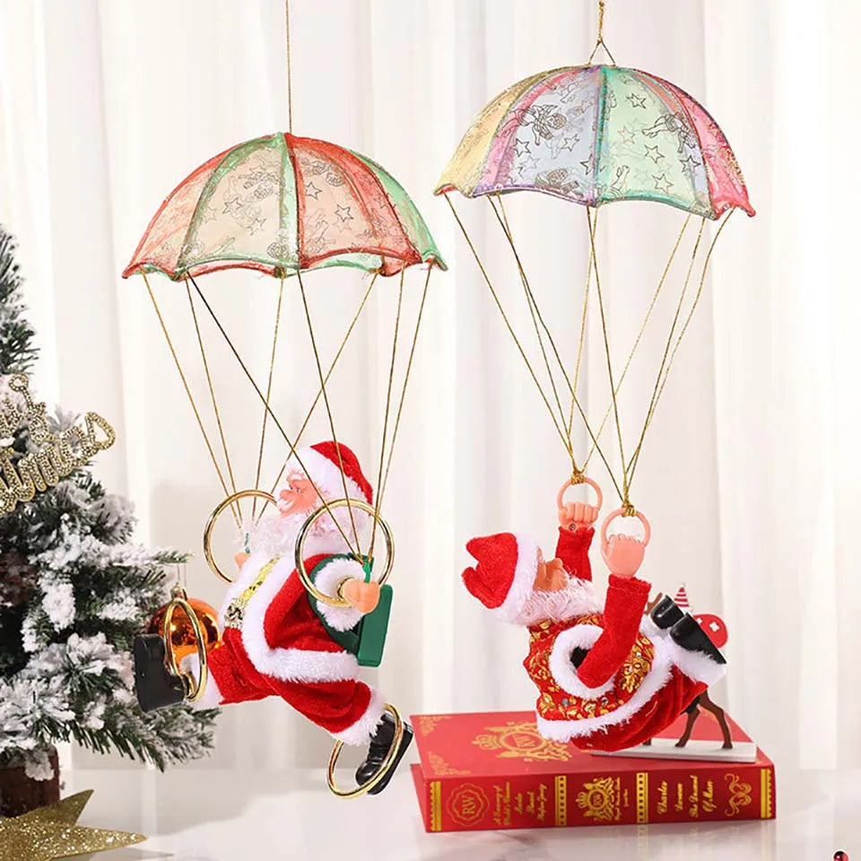 Battery-Operated Musical Santa Claus Parachute Ornament with Animated Flipping Motion, Hanging Indoor Christmas Decoration