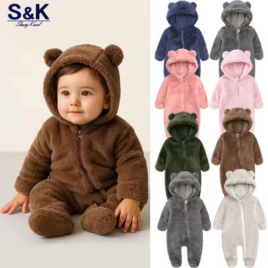 Baby Fleece Hooded Romper – Winter Zipper Bodysuit for Newborns & Infants (0–24 Months)