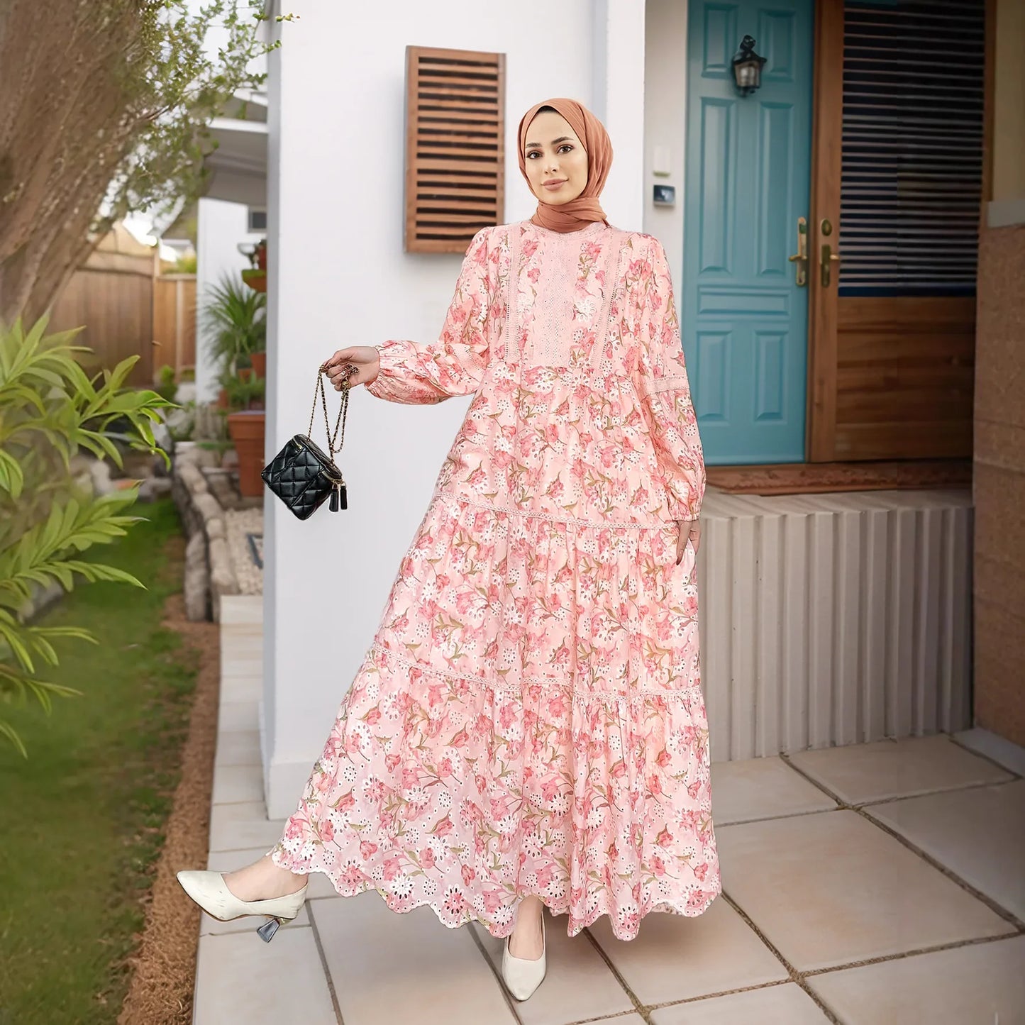 Elegant Ethnic Print Abaya Maxi Dress for Women – Muslim Jalabiya Modest Kaftan for Spring & Autumn