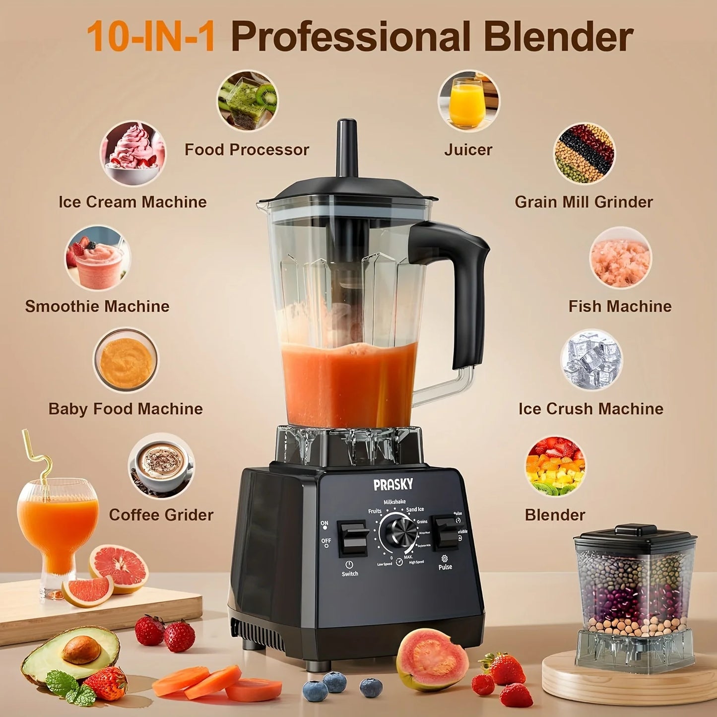 PRASKY 2400W Professional Blender & Grinder Combo – 25,000 RPM High-Speed Kitchen Blender, 68oz BPA-Free Pitcher, 2 Containers, Ice Crusher for Smoothies, Shakes & Frozen Drinks