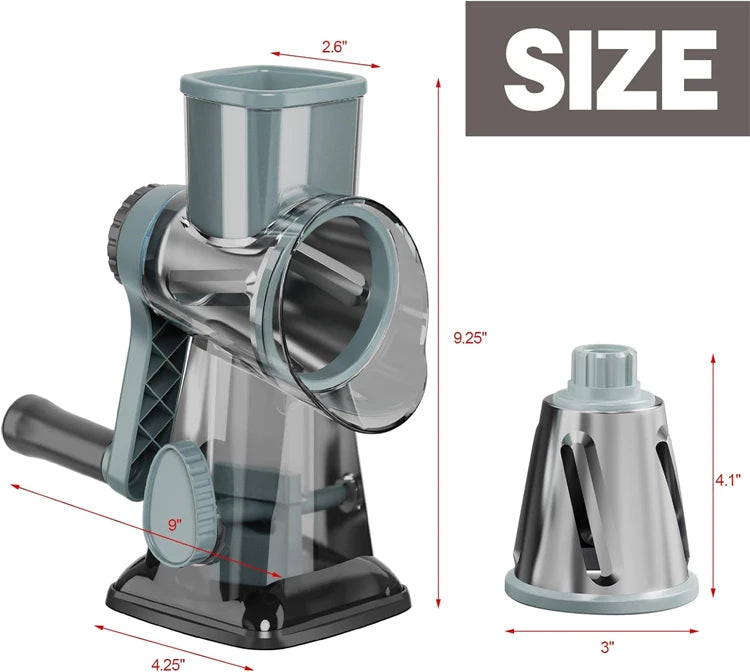3-in-1 Rotary Cheese Grater – Manual Vegetable Slicer and Nut Grinder with Stainless Steel Blades