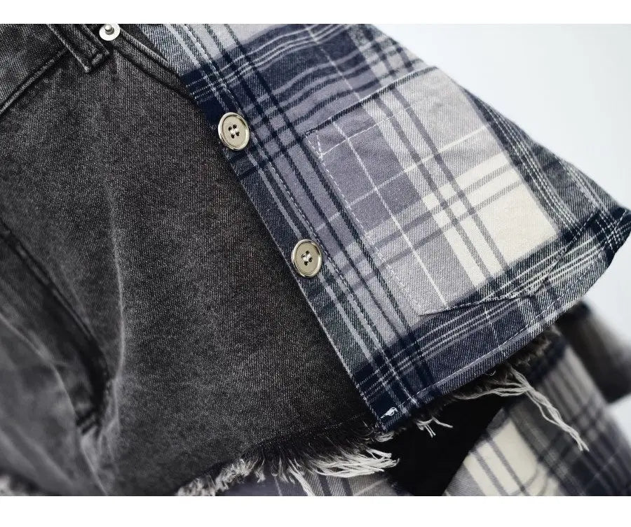 Vintage Plaid Denim Splicing Asymmetrical A-Line Mini Skirt