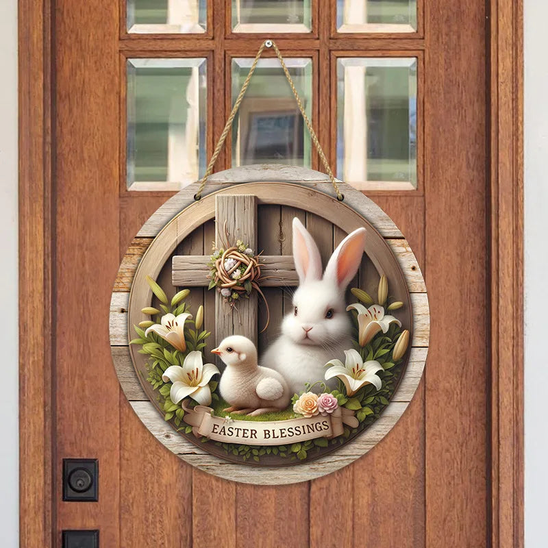 1pc 2D Rustic Easter Wooden Sign Bunny Rabbit Wood Welcome Sign for Easter Spring Holiday Front Door Home Wall Hanging Decor