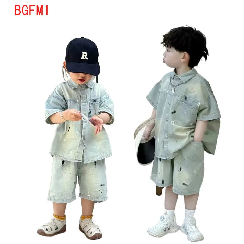 2PCS Fashion Kids Summer Clothes Boys Set 2025 New Girls Splashing Ink Washing Soft Denim Short Sleeved Shirt and Shorts